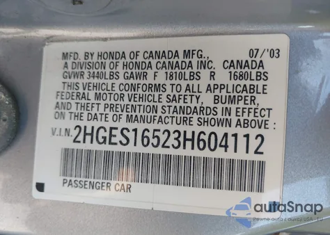 2003 Honda Civic Lx z USA, uszkodzony, nr VIN 2HGES16523H604112